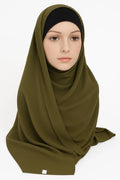 Olive green chiffon hijab scarf for women, soft lightweight modest headscarf, breathable Muslim wrap, full coverage elegant everyday styling