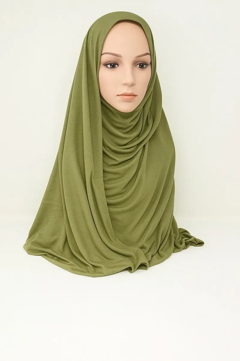 Olive green full drape khimar hijab in heavy jersey fabric with long front and back coverage, modest Islamic prayer hijab for women, soft stretch layered khimar from Affordable Hijab USA