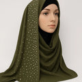 Olive green chiffon hijab with pearl bead detailing, elegant modest headscarf for women, lightweight breathable Muslim hijab scarf with delicate pearl embellishments for Eid, weddings, and special occasions