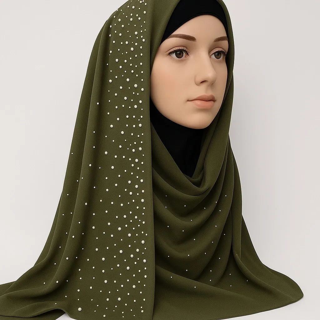 Olive green chiffon hijab with pearl bead detailing, elegant modest headscarf for women, lightweight breathable Muslim hijab scarf with delicate pearl embellishments for Eid, weddings, and special occasions
