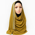 Elegant olive green rhinestone hijab with sparkling crystal embellishments along the front edge, soft drape modest headscarf for weddings, Eid, and special occasions by Affordable Hijab USA