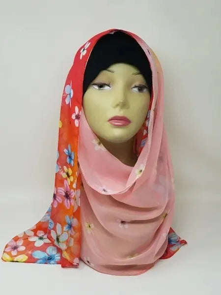 peach floral chiffon hijab scarf for women, lightweight breathable fabric, soft modest wear headscarf, elegant, printed hijab for everyday use, stylish wrap scarf with colorful floral pattern
