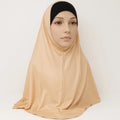 Model wearing a peach full coverage khimar hijab with smooth drape and soft lightweight fabric, modest Islamic head covering for women, front and side view on white background