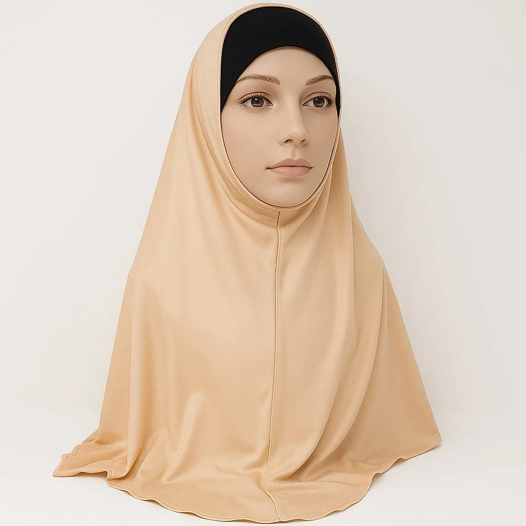 Model wearing a peach full coverage khimar hijab with smooth drape and soft lightweight fabric, modest Islamic head covering for women, front and side view on white background