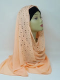 Peach rhinestone chiffon hijab scarf for women, lightweight chiffon headscarf with sparkle detail, elegant modest hijab, long drape scarf, breathable fabric hijab, muslim women head covering, stylish peach chiffon hijab with rhinestones, dressy hijab for special occasions