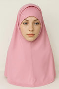 Pink 2-piece khimar hijab set in heavy jersey fabric with full drape coverage and stretch undercap, modest Muslim women headwear, soft long flowing khimar scarf for prayer, daily wear, and modest fashion styling