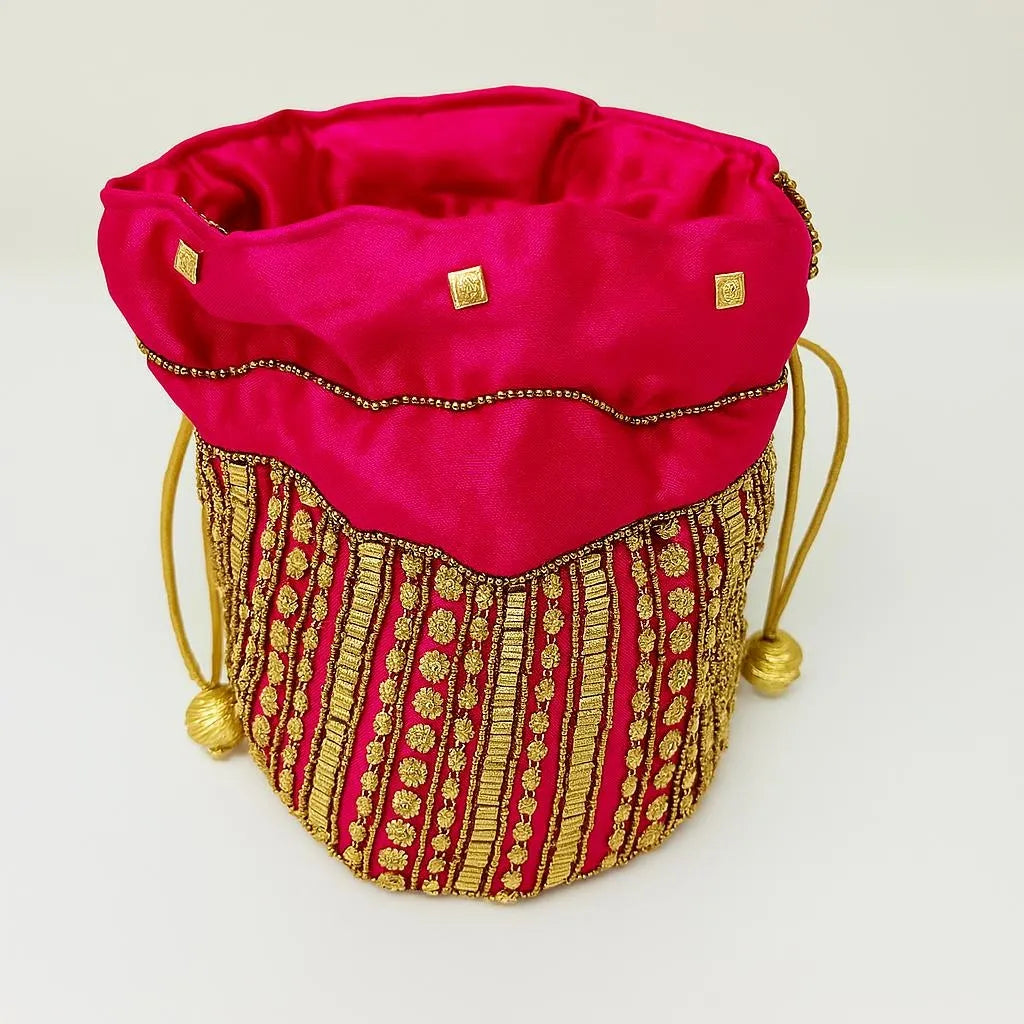 Pink beaded mini bucket handbag with gold chain detail, elegant evening purse for women, Eid handbag, Ramadan formal bag, modest fashion statement purse, small drawstring beaded bag USA