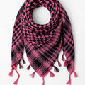 Pink and black keffiyeh scarf with traditional woven pattern and tassel fringe, lightweight cotton blend keffiyeh headscarf for men and women