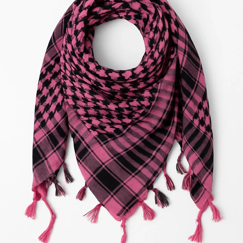 Pink and black keffiyeh scarf with traditional woven pattern and tassel fringe, lightweight cotton blend keffiyeh headscarf for men and women
