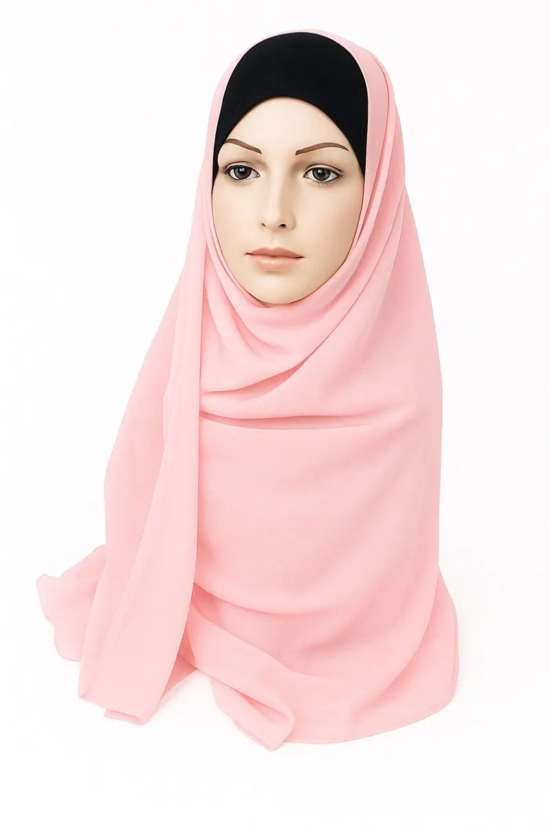 Pink chiffon hijab scarf in lightweight breathable fabric, elegant modest Islamic headscarf for women, soft flowy wrap hijab from Affordable Hijab USA