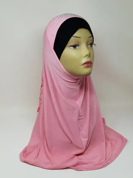 Pink instant khimar hijab full coverage on mannequin, long modest prayer hijab, soft flowing fabric, ready to wear khimar for women