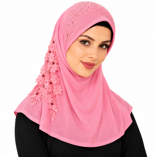 Woman wearing a light pink one-piece instant khimar hijab with a smooth front and comfortable neck coverage.
