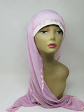 Pink long wrap turban hijab with drape on mannequin, soft layered headwrap style, stretch fabric modest turban hijab with long tail