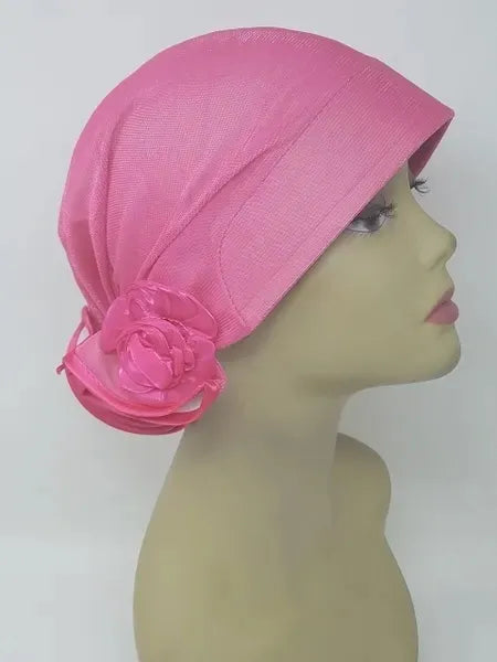 Pink pre tied turban cap for women, soft stretch fabric head covering, ready to wear turban hat, modest full coverage headwear, lightweight breathable turban cap for daily use, comfortable slip on head cap, chemo headwear alternative, stylish pink turban for women, no wrap needed head covering, easy wear turban hat