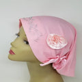 pink turban headwrap with rhinestone design and flower detail soft stretch fabric modest headwear for women elegant full coverage turban comfortable daily wear and special occasions