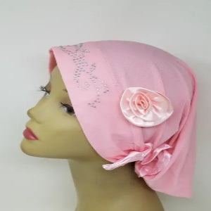 pink turban headwrap with rhinestone design and flower detail soft stretch fabric modest headwear for women elegant full coverage turban comfortable daily wear and special occasions