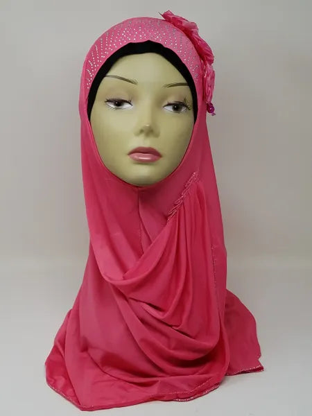 Pink khimar hijab with rhinestone flower detail on the side, one piece modest Muslim head covering draping over shoulders, elegant Islamic khimar hijab for prayer and everyday wear