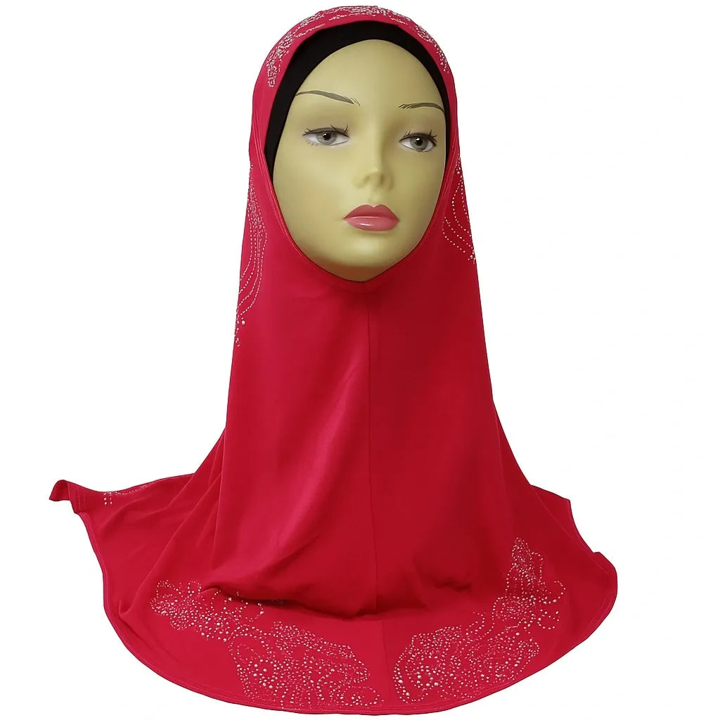 Pink rhinestone one piece khimar hijab modest Islamic headwear with rhinestone detail on back and bottom edge long modest prayer hijab for women