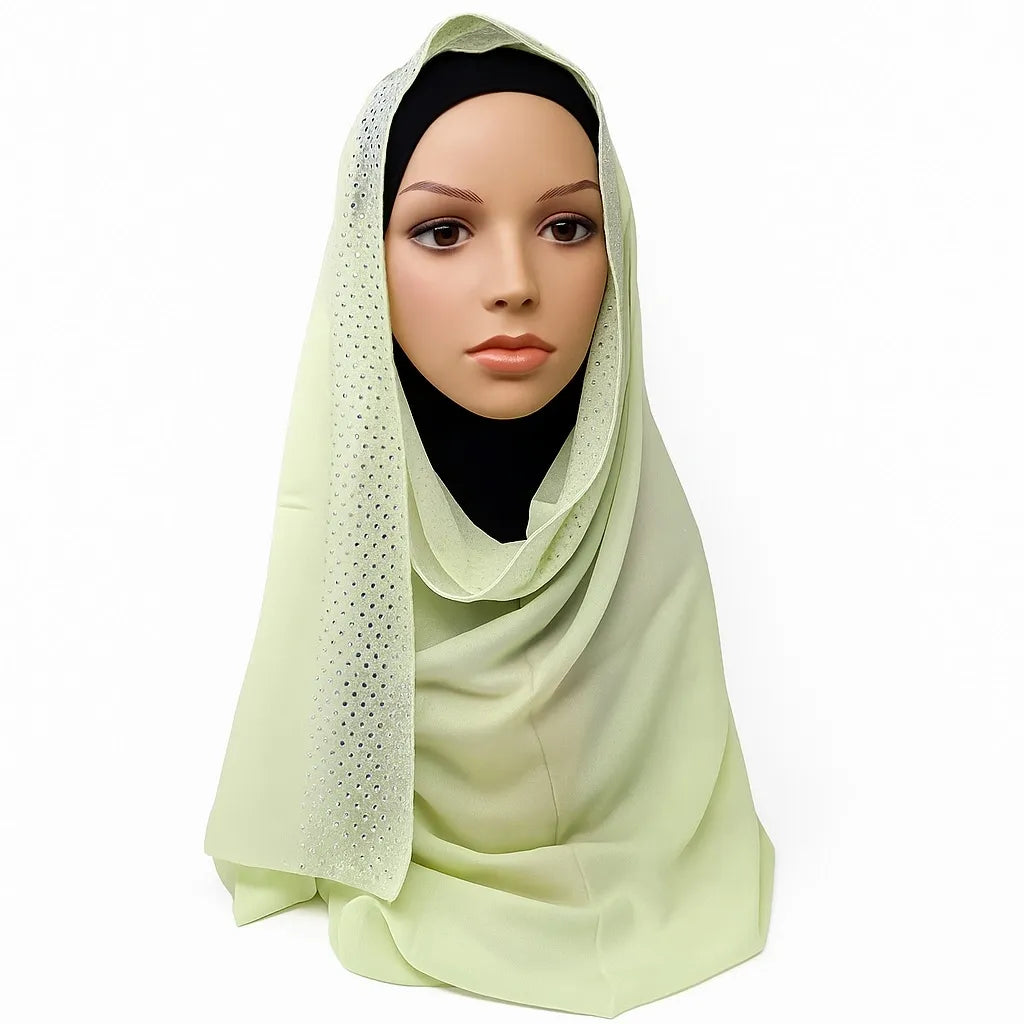 Pistachio green chiffon hijab with lace detail lightweight elegant modest headscarf for women