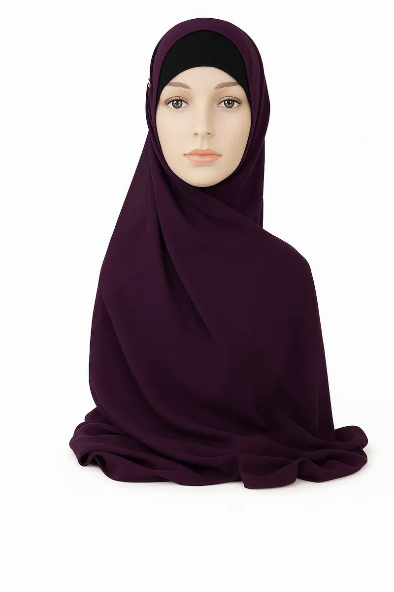 Plum chiffon hijab scarf for women, deep burgundy modest headscarf, soft lightweight breathable Muslim wrap, full coverage elegant drape, formal and everyday hijab styling