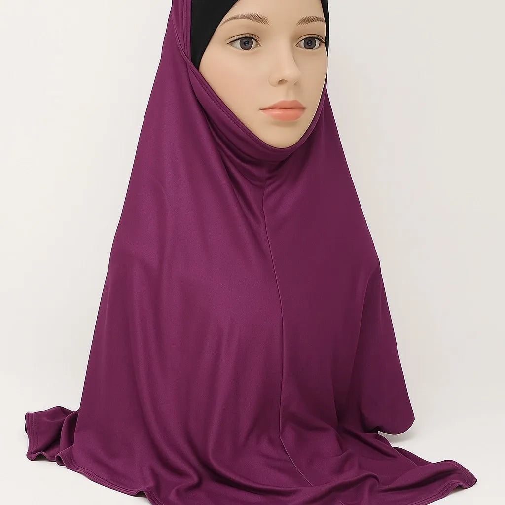 Model wearing plum full coverage khimar hijab with soft flowing drape and lightweight breathable fabric, modest Islamic head covering for women, front and side view on white background
