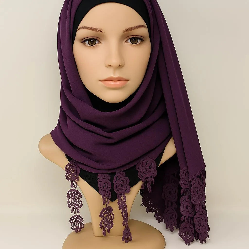 Plum purple lace trim hijab with tassel edge detail, elegant modest Muslim women headscarf, lightweight draped shawl for Eid special occasions and everyday wear
