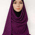 Plum chiffon hijab with pearl bead detailing, deep purple modest headscarf for women, lightweight breathable Muslim hijab scarf with elegant pearl embellishments for Eid, weddings, and special occasions