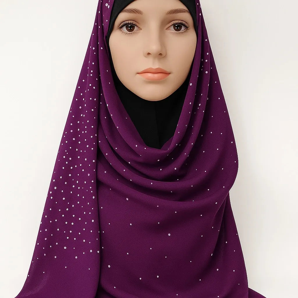 Plum chiffon hijab with pearl bead detailing, deep purple modest headscarf for women, lightweight breathable Muslim hijab scarf with elegant pearl embellishments for Eid, weddings, and special occasions