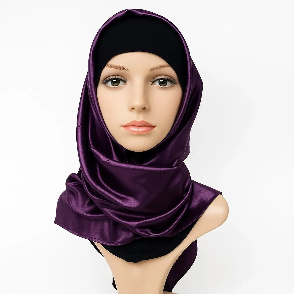 Plum satin square hijab silky smooth shiny fabric elegant modest headscarf lightweight Islamic scarf for women