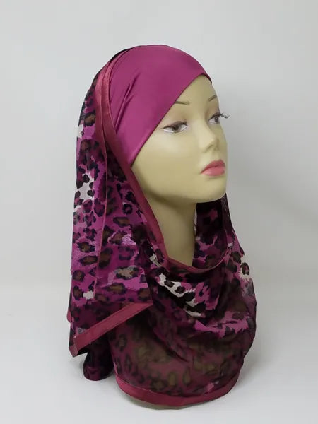 printed attached underscarf hijab for women, hijab with built in underscarf and patterned scarf, easy wear no pin hijab, layered modest hijab, lightweight comfortable fabric, muslim women head covering, floral printed hijab with inner cap