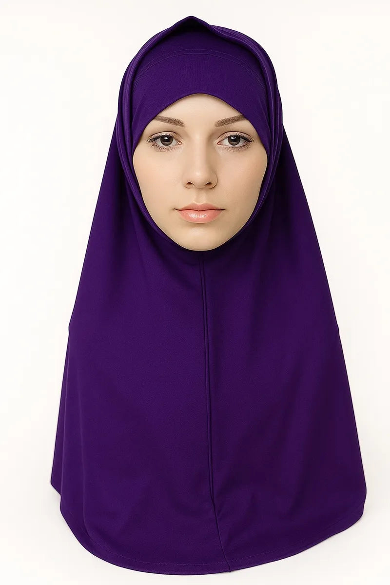 Purple 2-piece khimar hijab set in heavy jersey fabric with full drape coverage and stretch undercap, modest Muslim women headwear, long flowing khimar scarf for prayer, daily wear, and modest fashion styling