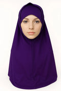 Purple 2-piece khimar hijab set in heavy jersey fabric with full drape coverage and stretch undercap, modest Muslim women headwear, long flowing khimar scarf for prayer, daily wear, and modest fashion styling