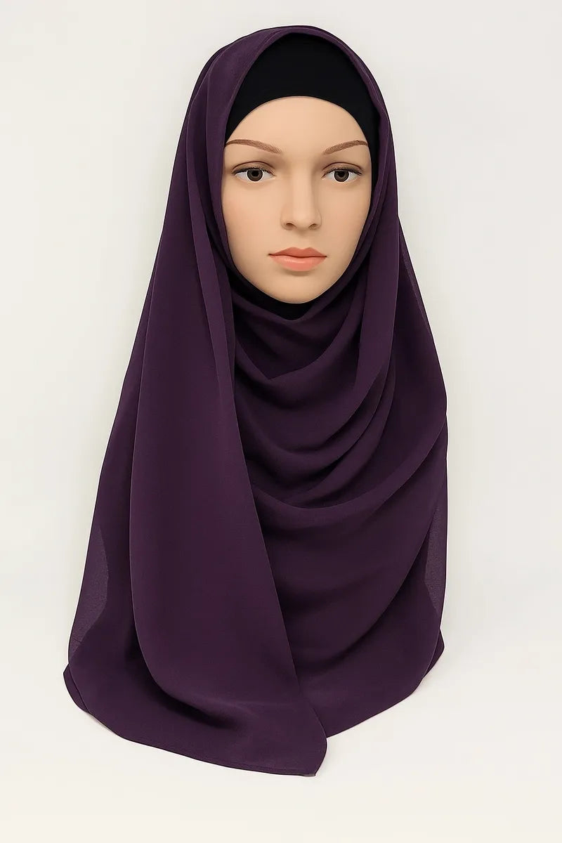 Purple chiffon hijab scarf for women, soft lightweight modest headscarf, breathable Muslim wrap, full coverage elegant everyday and formal styling