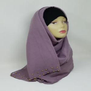 purple hijab scarf with gold bead detailing soft fabric modest fashion head covering elegant full coverage style for women lightweight comfortable drape for everyday and special occasions
