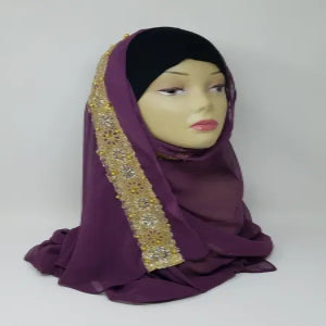 purple hijab scarf with gold edge trim soft modest headscarf for women full coverage smooth fabric elegant deep purple hijab modest fashion wrap