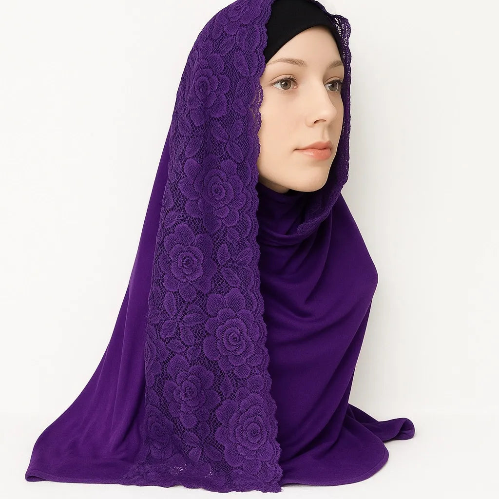 Purple jersey hijab scarf with lace trim edge, soft stretch modest headscarf for women, breathable Islamic hijab with elegant lace border, full coverage everyday modest wear