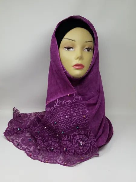 Purple lace hijab scarf on mannequin, elegant floral lace modest scarf, soft draped hijab for women, dressy modest style