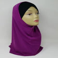 : Purple one piece hijab with black inner cap, modest full coverage slips on hijab for daily wear, soft fabric easy wear head covering