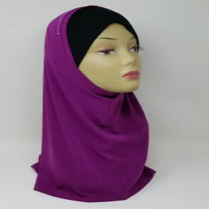 : Purple one piece hijab with black inner cap, modest full coverage slips on hijab for daily wear, soft fabric easy wear head covering