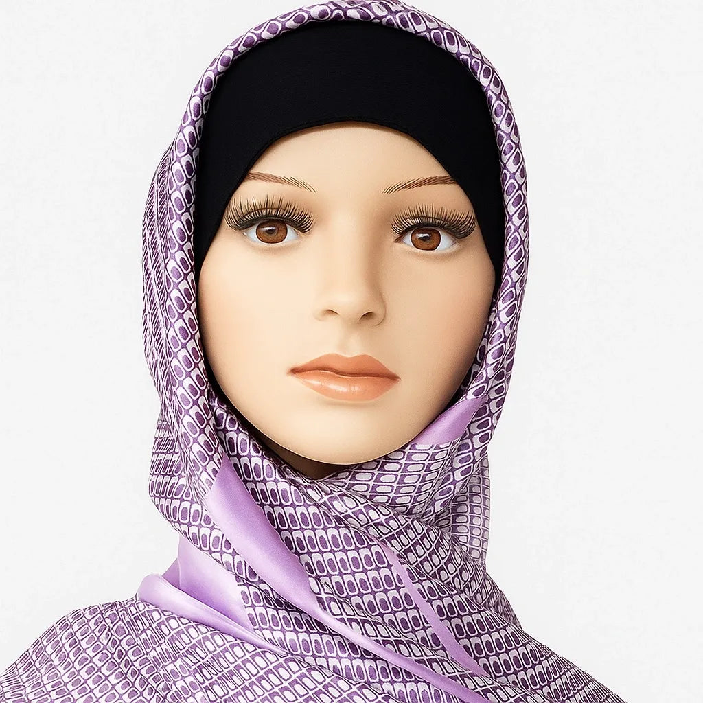 Elegant purple patterned hijab with intricate geometric design, soft lightweight modest headscarf for everyday wear and special occasions by Affordable Hijab USA