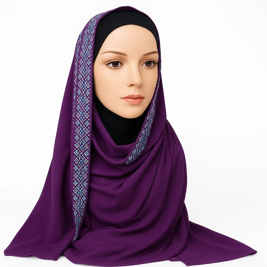 Elegant purple rhinestone hijab with sparkling crystal embellishments along the front edge, modest drape style, soft fabric, formal occasion headscarf for women by Affordable Hijab USA