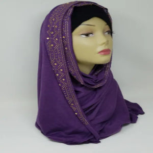 purple rhinestone jersey hijab soft stretch fabric modest headscarf elegant sparkle hijab full coverage breathable comfortable Muslim scarf daily wear