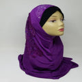 Purple one piece hijab with rhinestone side design, full coverage modest headscarf, soft draped fabric, ready to wear instant hijab for daily wear and special occasions
