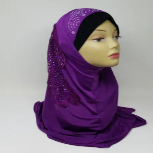 Purple one piece hijab with rhinestone side design, full coverage modest headscarf, soft draped fabric, ready to wear instant hijab for daily wear and special occasions