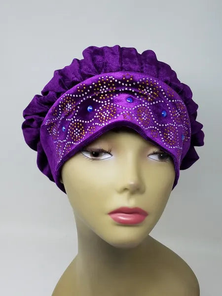 Purple rhinestone turban for women with crystal front detail, soft stretch headwrap turban, stylish modest headwear, elegant purple turban cap for daily wear, breathable comfortable hair covering, fashion turban for women, luxury rhinestone headwrap, secure fit turban for hair protection and style