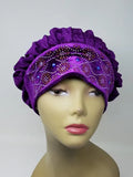 Purple rhinestone turban for women with crystal front detail, soft stretch headwrap turban, stylish modest headwear, elegant purple turban cap for daily wear, breathable comfortable hair covering, fashion turban for women, luxury rhinestone headwrap, secure fit turban for hair protection and style