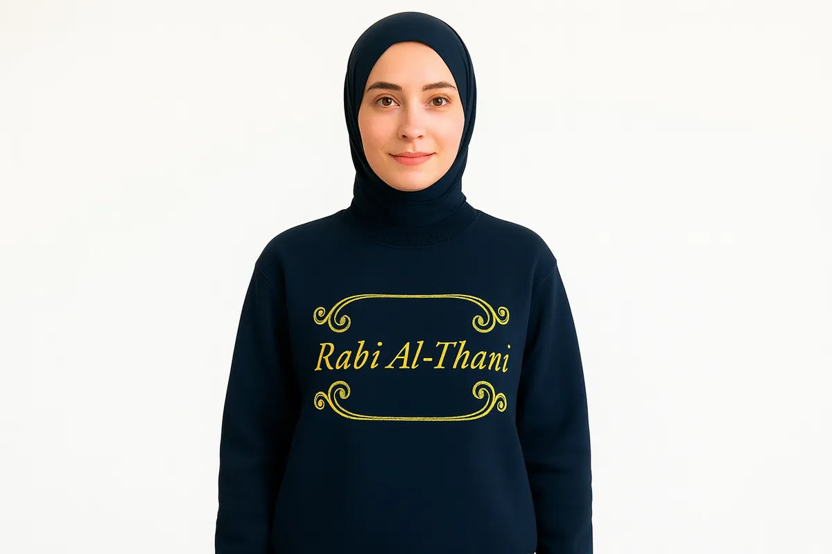 Woman wearing black Islamic long sleeve shirt with gold “Rabi Al-Thani” text design, modest Muslim apparel on wWoman wearing black Islamic long sleeve shirt with gold “Rabi Al-Thani” text design, modest Muslim apparel on white backgroundhite background
