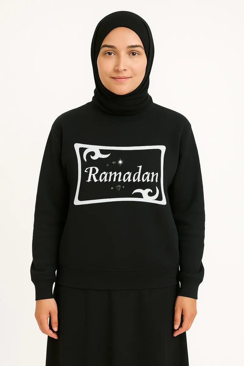 Black Ramadan long sleeve shirt with Islamic design on front, modest Muslim celebration apparel for men and women