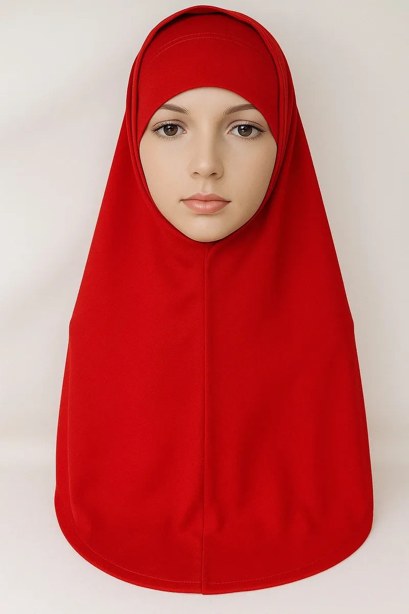 Red 2-piece hijab set for women, full coverage modest headwear, soft stretch fabric prayer hijab, comfortable Islamic scarf set, affordable hijab USA