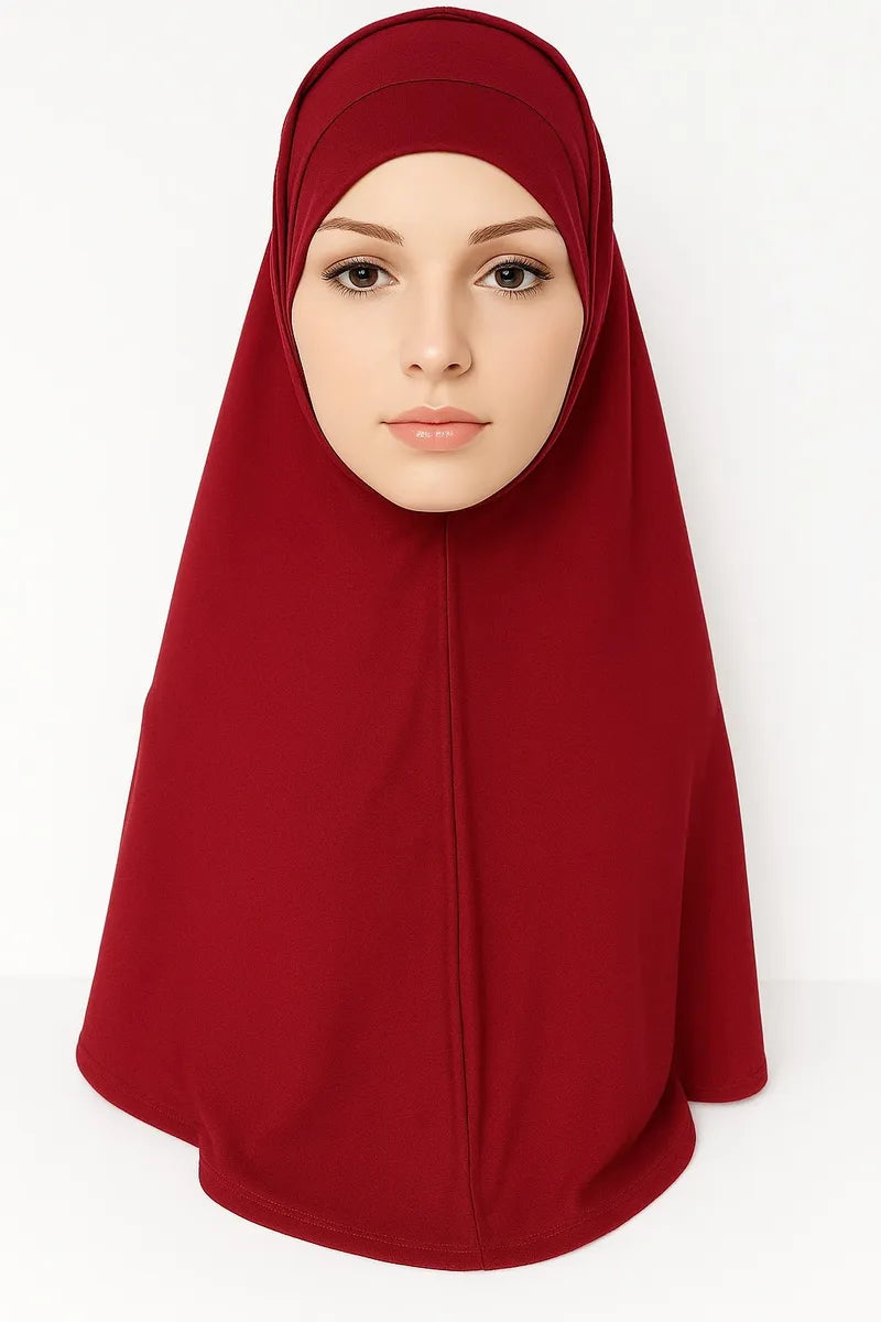 Red 2-piece khimar hijab set in heavy jersey fabric with full drape coverage and stretch undercap, modest Muslim women headwear, long flowing khimar scarf for prayer, daily wear, Eid, and modest fashion styling